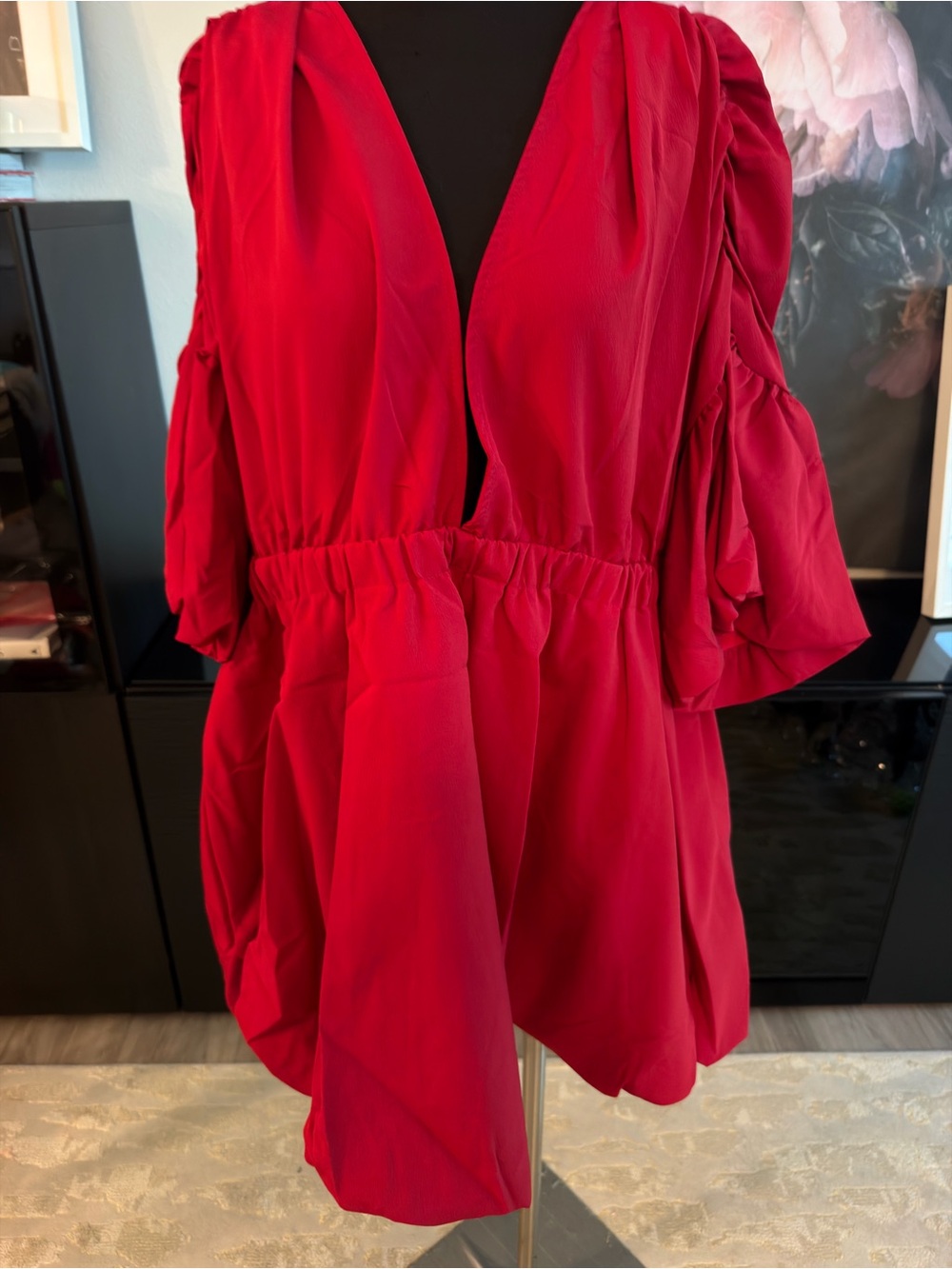 Red V-Neck Women’s Top with Gathered Waist